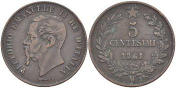 ИТАЛИЯ 5 ЧЕНТЕЗИМО 1861 М, МОНДВОР МИЛАН, ВИКТОР ЭММАНУИЛ II (1861-1878) KM 3.2 медь 4182-1245