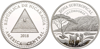 Никарагуа 10 кордоба 2018 субтропическая зона, Серро-Моготон NI-000177 серебро  PROOF  11-182-13