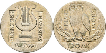 Финляндия 100 марок 1990 350 лет Университету в Хельсенки, лира, сова KM 68 серебро UNC 1066-4-41