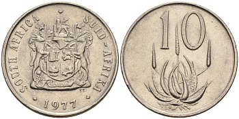 ЮАР 10 центов 1977 цветок алоэ KM 85 никель  UNC  4189-125