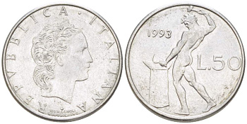 ИТАЛИЯ 50 ЛИР 1993 R, КУЗНЕЦ, ВУЛКАН БОГ ОГНЯ, ДИАМЕТР 16,5 ММ. KM 95.2 нержавеющая сталь 4528-114
