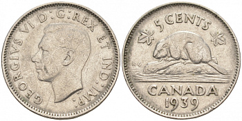 Канада 5 центов 1939 Георг VI (1937-1952), бобр KM 33 никель 73-1134