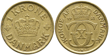 ДАНИЯ 1 КРОНА 1925 HCN; GJ, КРИСТИАН X (1912-1947) KM 824.1 алюминиевая бронза 32-246
