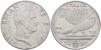 ИТАЛИЯ 50 ЧЕНТЕЗИМО 1941 R, ВИКТОР ИМАНУИЛ, XIX ГОД KM 76b сталь 4548-142