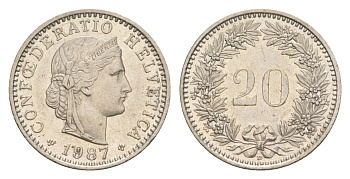 Швейцария 20 раппенов 1987 B KM 29a медно-никель 4623-312