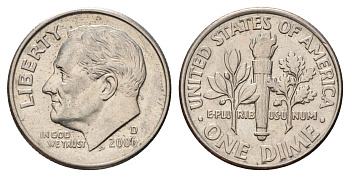 США 1 дайм (10 центов) 2006 D, Рузвельт KM 195a медь плакированный медно-никелем 4682-361