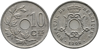 БЕЛЬГИЯ 10 САНТИМОВ 1902 BELGIQUE KM 48 медно-никель 4379-1032