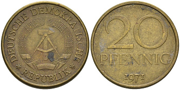 ГДР 20 пфеннигов 1971 А KM 11 латунь 4571-635