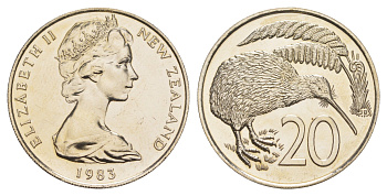 Новая Зеландия 20 центов 1983 Елизавета II (1952-2022), птичка киви, тираж 18.000 экземпляров KM 36 медно-никель PROOFLIKE 87-1032
