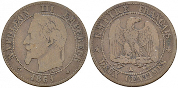 ФРАНЦИЯ 2 САНТИМА 1861 A KM 796.4 бронза 116-746