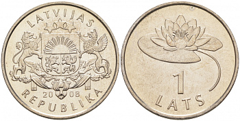 Латвия 1 лат 2008 кувшинка KM 92 медно-никель UNC M2-01