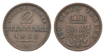 Пруссия 2 пфеннига 1869 B, Вильгельм I (1861-1888) KM 481, Jaeger 51, AKS 107, Olding 425 медь 4651-246