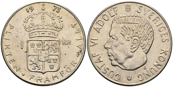 Швеция 1 крона 1973 U, Густав VI Адольф (1950-1973) KM 826a медь плакированный медно-никелем 4150-352