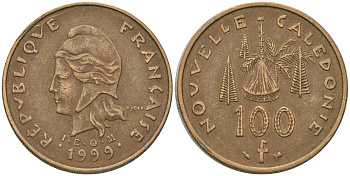 Французская Новая Каледония 100 франков 1999 хижина среди сосен и пальм, (IEOM) KM 15, Schoen 16, Lec 139c никель латунь 4140-1242