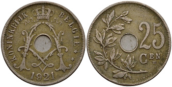 Бельгия 25 сантимов 1921 Belgie KM 69 медно-никель 33-1135