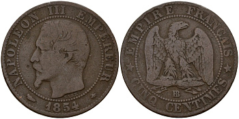 Франция 5 сантимов 1854 BB, Наполеон III (1852-1870) KM 777.1, Le Franc 133.13 бронза 4156-654