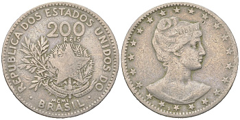 Бразилия 200 реалов 1901 MCMI, голова свободы вправо KM 504 медно-никель 4612-347