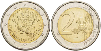 Финляндия 2 евро 2005 60 лет ООН, 50 лет членству Финляндии в ООН, голубь мира KM 119 биметалл UNC 25-2353