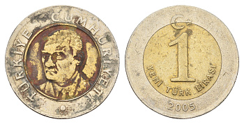 Турция 1 новая лира 2005 Кемаль Ататюрк KM 1169 биметалл 4675-216