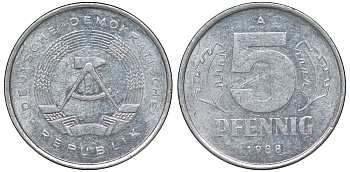 ГДР 5 ПФЕННИГОВ 1988 А алюминий 62-537