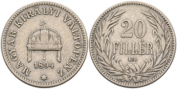 Венгрия 20 филлеров 1894 КВ, Франц Иосиф I (1848-1916) KM 483 никель 4584-121