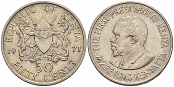 Кения 50 центов 1971 Джомо Кениата KM 13 медно-никель 4548-1025