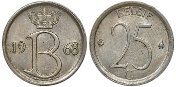 Бельгия 25 сантимов 1968 Belgie, Бодуэн I (1951-1993) KM 154.1 медно-никель 72-753
