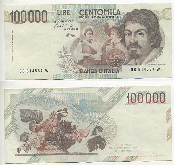 Италия 100000 лир 1983 Караваджо, фруктовый букет, подпись Speziali Pick 110b бумага 7220-29-2
