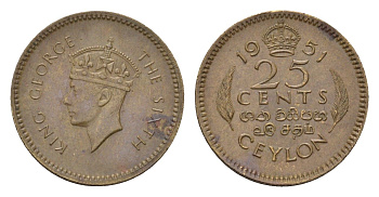Цейлон 25 центов 1951 Георг VI (1936-1952), год-тип KM 122 никель латунь 4516-1152