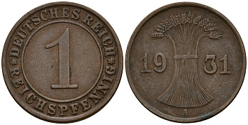 Германия 1 рейхспфенниг 1931 A KM 37, J. 313 бронза 4189-817