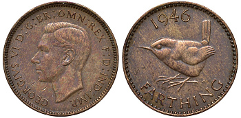 Великобритания 1 фартинг 1946 Георг VI (1936-1952) KM 843, Spink 4116 бронза 4122-712