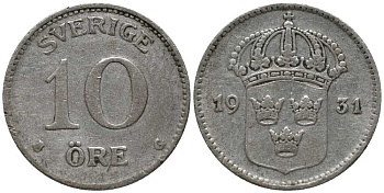 Швеция 10 эре 1931 G, Густав V (1907-1950) КМ 780 серебро 201-1114