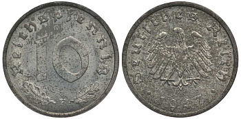 Германия 10 рейхспфеннигов 1947 F, оккупация Германии союзными войсками J. 375, KM A104 цинк UNC 4127-1231