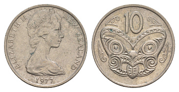Новая Зеландия 10 центов 1977 Елизавета II (1952-2022), маска маори KM 41.1 медно-никель 4657-127