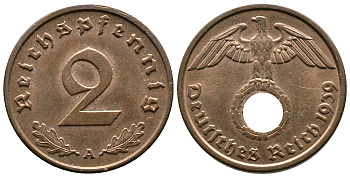 Германия 2 рейхспфеннига 1939 A KM 90, J. 362 бронза 220-555