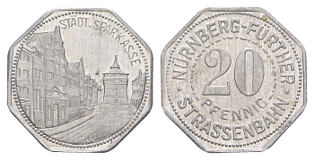 Нюрнберг трамвайный (транспортный) жетон в 20 пфеннигов ND (1920-1921) Нюрнбергский городской сберегательный банк Men05 19256.36, Men18 24102.36 алюминий aUNC 3459-515