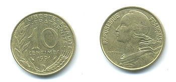 ФРАНЦИЯ 10 САНТИМОВ 1991 ТИП MARIANNE KM 929, LE FRANC 144.31 медь алюминий никель 84-1641