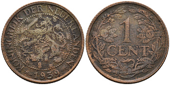 Нидерланды 1 цент 1939 Вильгельмина I (1890-1948) KM 152 бронза 4564-117