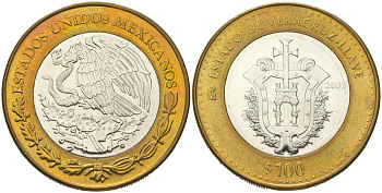 Мексика 100 песо 2003 180 лет Федерации - Веракрус KM 690 биметалл, серебро BU 00-1067-10-53