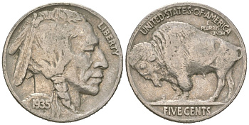 США 5 центов 1935 индеец, бизон KM 134 медно-никель 4614-1214