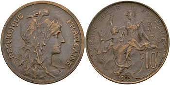 Франция 10 сантимов 1916 KM 843, Le Franc 163.28 бронза 4165-1125