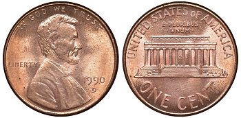 США 1 цент 1990 D KM 201b цинк плакированный медью 4532-625