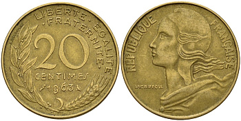 Франция 20 сантимов 1963 KM 930 алюминиевая бронза 4150-832