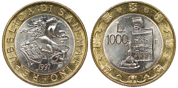 Сан-Марино 1000 лир 1997 1000 лет замку, лев KM 368 биметалл  51-4114