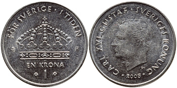 Швеция 1 крона 2005 Карл XVI Густав (1973- ) KM 894 медно-никель 4681-556