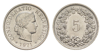 Швейцария 5 раппенов 1971 KM 26 медно-никель UNC 4611-953
