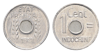 Французский Индокитай 1 сантим 1943 год-тип KM 26 алюминий 4674-1117