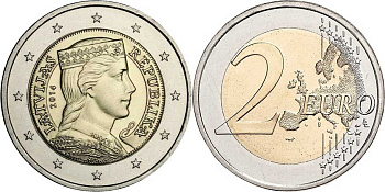 Латвия 2 евро 2014 портрет девушки KM 157 биметалл  UNC  M11-15