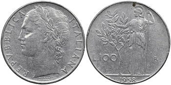 Италия 100 лир 1958 R, Афина в доспехах KM 96.1 нержавеющая сталь 4165-144