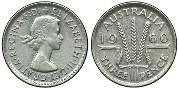 Австралия 3 пенса 1960 m, Елизавета II (1952-2022) KM 57 серебро 71-629